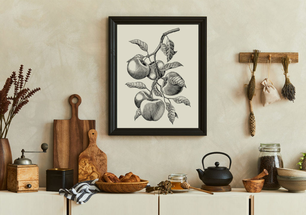 Poster Vintage mit Pflanze und Obst in der Küche